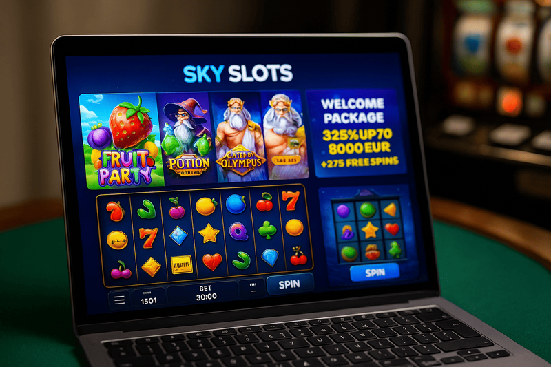 Sky Slots Casino gokkasten op laptop in online casino met kleurrijke symbolen en jackpots